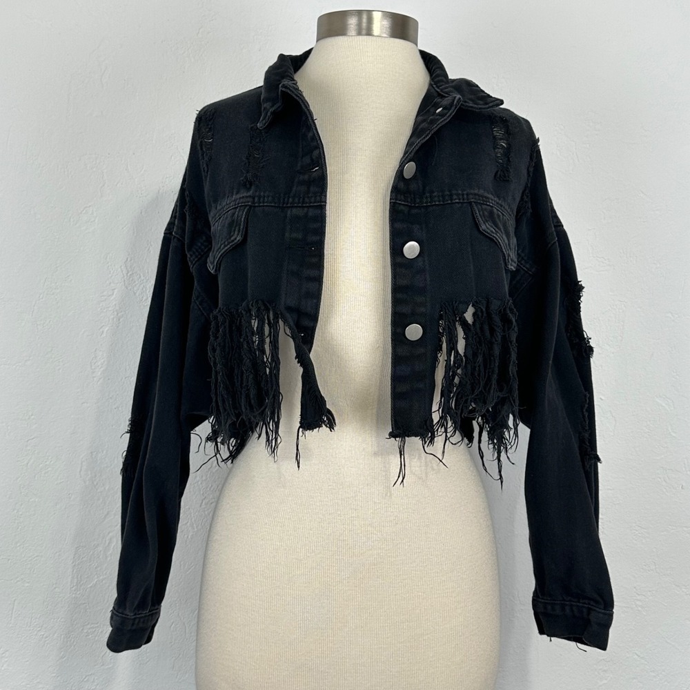 Womens Punk Grunge Concert Cropped Jacket Size Small Black Oversized Distressed